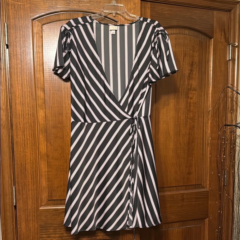 Striped Wrap Dress in Black and Pink/Purple